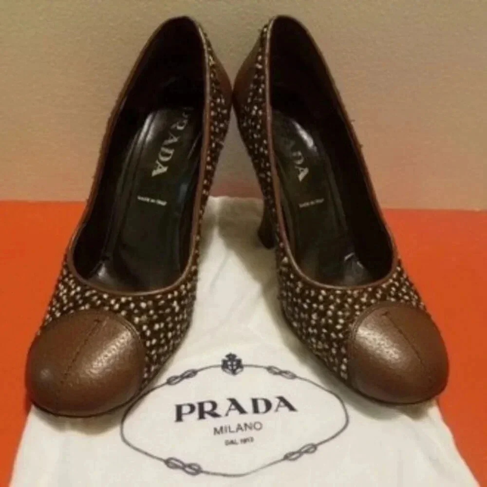 Prada Tweed Vintage 90s Heels Brown Tan Pumps Shoes 39 8.5